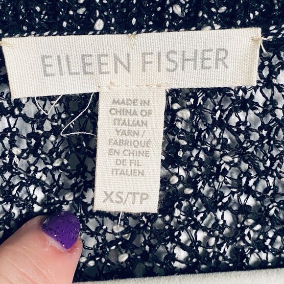 Eileen Fisher Open Knit Sweater Women XS Tunic Asymmetric Hem Black White Tweed - Picture 8 of 9
